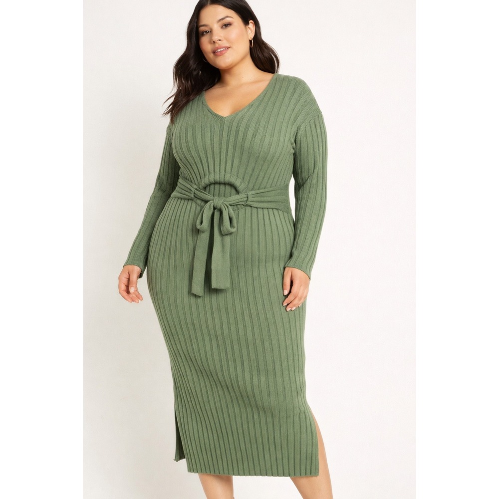 Eloquii Sage Green Ribbed Knit‎ Cutout Tie Waist Midi Dress 22/24 Plus Size
